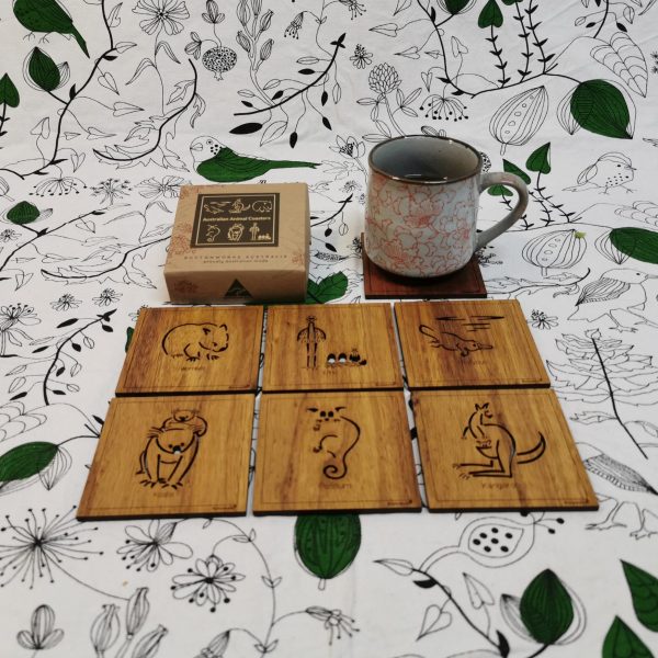 Square shaped coasters with Australian animal designs on top